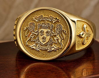 Anel de sinete personalizado com brasão de família, brasão personalizado, prata de lei, anel de herança gravado, presente com logotipo universitário