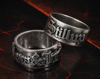 Personalisierter Gothic Ring, Benutzerdefinierte Old English Font Name Ring, Hip Hop Punk Unisex Schmuck, Silber oder Messing Statement Geschenk für Ihn Sie