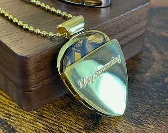 Personalized Guitar Pick Necklace | Custom Engraved Pick Holder Pendant with 3 Picks | Gift for Guitarist, Musician & Music Lover