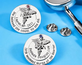 Aangepaste afstudeerspeld verpleegkundige, gepersonaliseerde caduceus RN-badge, cadeau RN speldceremonie, cadeau verpleegschool, geboortesteen