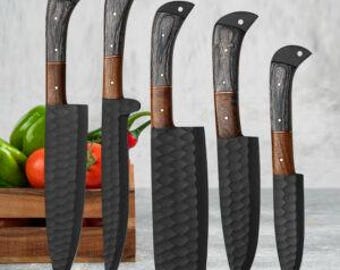 AANGEPASTE HANDGESMEDE Damascus-stalen koksmessenset, Damascus-koksmessen, Damascus-keukenmessenset, kerstcadeaus, jubileumcadeaus