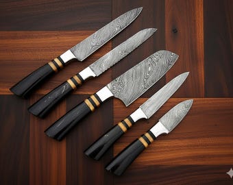 Hand Forged Damascus Chef Set, Damascus Knife Set,Kitchen Knives-5Pcs, Chef Knife, ANNIVERSARY Gift, CHRISTMAS Gift, THANKSGIVING Gift