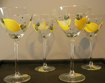 Hand Painted "Lemon Drop" Martini Glasses - Set of 4