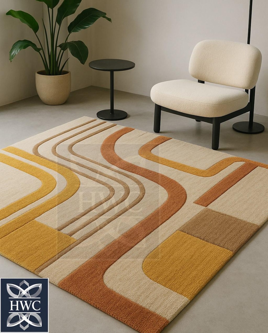 幾何学模様のウールラグ：ハンドメイドのミッドセンチュリーモダン