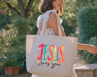 Bolsa de Jesús, bolsa cristiana, bolsa "Jesús te ama", bolsa religiosa, bolsa con versículo bíblico, bolsa de neón con Jesús, bolsa para amantes de Jesús