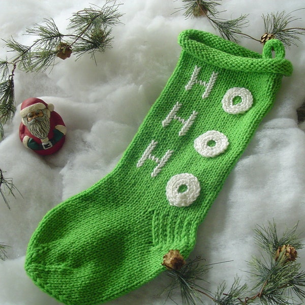 Christmas Stocking - HO HO HO - Hand Knit - Guacamole Green with White Letters - 17" long -