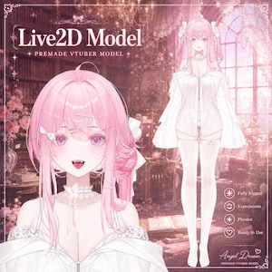 Pode incluir: Um modelo digital Live2D VTuber apresentando um personagem com cabelos longos cor-de-rosa, olhos cor-de-rosa e presas visíveis. O personagem veste um top branco de ombros caídos e meias brancas. O texto diz Live2D Model, Premade VTuber Model e Angel Dream.
