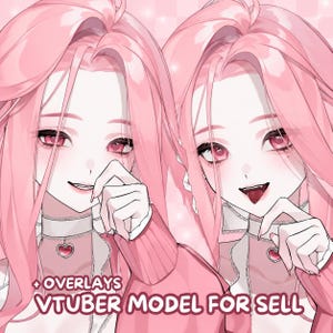May include: Two anime-style character illustrations with long pink hair, pink eyes, and pale skin. Each character wears a white choker with a heart pendant and a pink sweater. The text reads + OVERLAYS VTUBER MODEL FOR SELL in white letters.