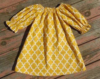 Girls Mustard Quatrefoil Peasant Dress, Fall Dress, Harvest Dress, Thanksgiving Dress, Harvest Clothing, Coming Home Dress, Toddler Dress