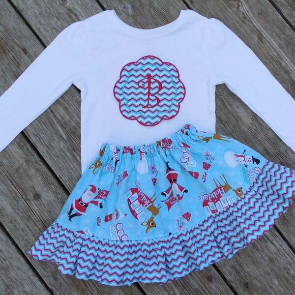 Girl's Toddlers Christmas Skirt and Shirt Outfit - Red and Aqua Christmas Skirt with Personalized Applique Shirt