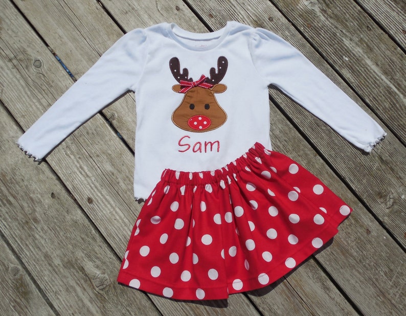 Girl/'s Toddlers Skirt and Shirt Christmas Outfit Red Polka Dot Skirt with Reindeer Applique Shirt