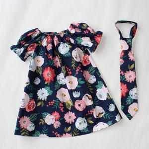 Brother and Sister Matching Outfits, Girl's Navy Blue with Pink Flowers, Boys Matching Necktie, Easter Outfits, Twins Clothing, Spring Dress