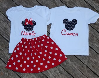 Brother and Sister Disney Outfit - Girls Skirt with Personalized Minnie Mouse Ears - Boys Mickey Mouse Ears