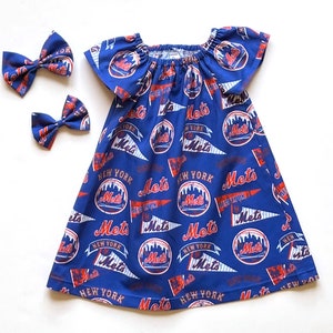 Girl's New York Mets Dress, MLB Mets Dress, Major League Baseball, Girls Baseball Dress, Toddler Dress  Matching Hairbow