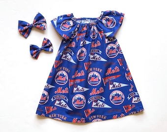 Girl's New York Mets Dress, MLB Mets Dress, Major League Baseball, Girls Baseball Dress, Toddler Dress  Matching Hairbow