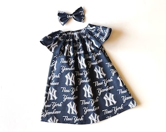 NY Yankees Dress, MLB Yankees Dress, Major League Baseball, Girls Baseball Dress, Toddler Dress,  Matching Hairbow