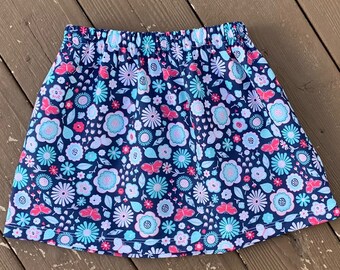 Girls Floral Skirt, Navy and Coral, Toddler Skirt, Butterflies and Flowers,  Closeout