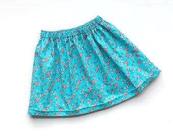 Girls Floral Skirt, Aqua and Red Flowers, Toddler Skirt, Closeout