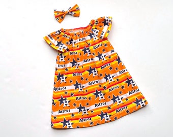 Girl's Houston Astros Dress, MLB Astros Dress, Major League Baseball, Girls Baseball Dress, Toddler Dress,  Matching Hairbow