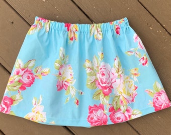Girls Floral Skirt, Aqua with Cabbage Roses, Toddler Skirt, Closeout Clothing