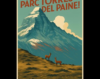 Póster de viaje retro del Parque Nacional Torres del Paine
