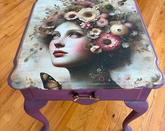 Vintage Queen  Anne Table, Upcycled, Floral Goddess Decoupage. Dark Lavender Painted Accent table with Gold bird on branch handel