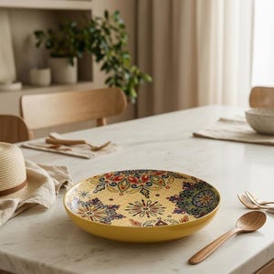 Peut inclure: Un bol rond et peu profond en céramique jaune orné d'un motif détaillé de style mandala multicolore dans des tons de rouge, bleu et vert. Le bol présente une finition lisse et brillante et est posé sur une surface blanche avec une cuillère en bois.