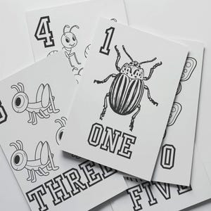Peut inclure: Cartes blanches avec des dessins au trait noirs d'insectes et de chiffres. Une carte indique "ONE" avec une illustration de coléoptère. D'autres cartes montrent une sauterelle, une fourmi et les chiffres 4, 3, 5 et 0.