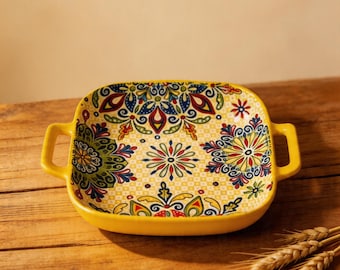 Ceramic Serving Bowl with Handles, Colorful Moroccan Mandala Dish, Boho Kitchen Decor Housewarming Gift