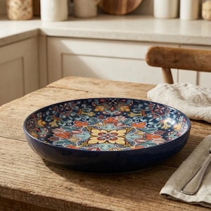 Peut inclure: Un bol de service rond en céramique bleu marine avec un motif floral coloré. Le design complexe présente des éléments jaunes, orange et sarcelle. Le bol est posé sur une table en bois rustique, suggérant une cuisine ou une salle à manger.