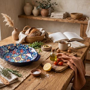 Bohemian Ceramic Baking Dish Oval Salad Bowl with Handles Colorful Boho Pasta Plate Set 9 Inch Kitchen Decor Gift