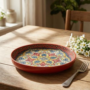 Peut inclure: Un plat de service rond en céramique rouge avec un motif floral coloré détaillé en bleu, jaune et rouge. Le plat est posé sur une table en bois à côté d'une fourchette et d'un petit bouquet de fleurs blanches.