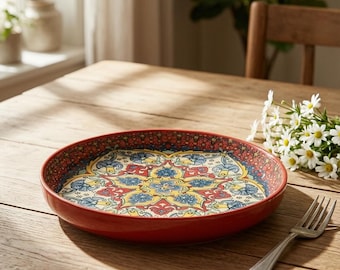 Ciotola per pasta in ceramica, rossa, stile Boho Mandala, piatto da portata basso per zuppa e insalata, stoviglie mediterranee, regalo per la cucina