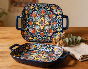 Ceramic Serving Dish with Handles Boho Floral Square Salad Bowl Colorful Pasta Plate Kitchen Decor Gift
