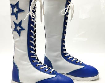 Botas de estrella de lucha libre profesional, hechas a mano, de cuero hasta la rodilla, con cordones, blancas, hechas a medida.