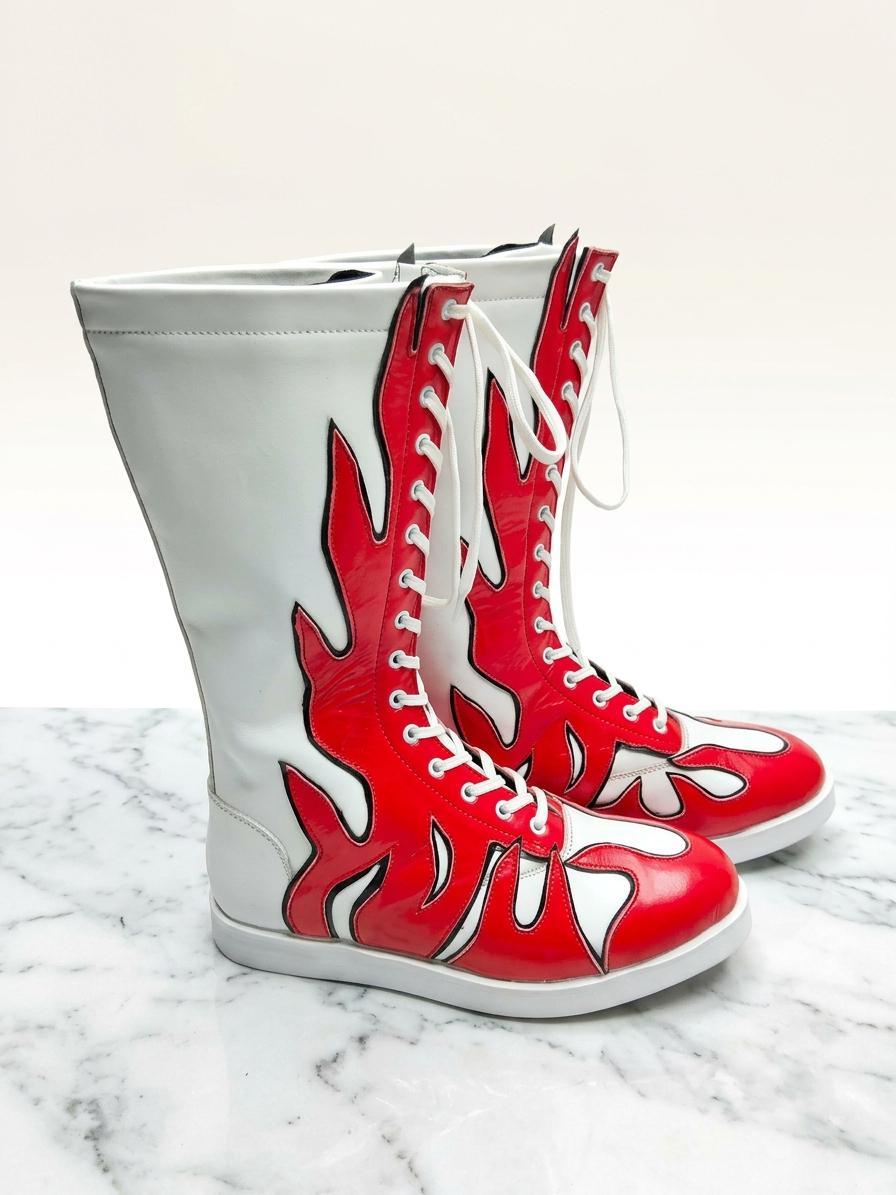 Handmade Red White Leather Wrestling Boots Knee High Lace Up Boxing Style