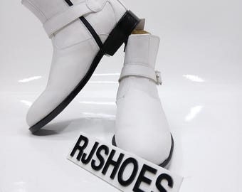 Handmade White Leather Ankle Boots - Men's Side Zipper Fashion Boots