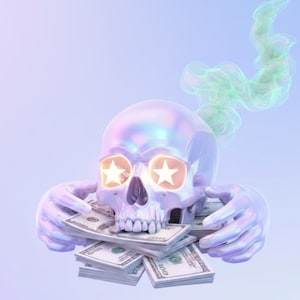 Op de afbeelding: Een holografische schedel met stervormige ogen en handen die stapels honderd dollar biljetten vasthouden. Een wolkje groene rook komt uit de schedel, tegen een blauwe gradiënt achtergrond. De afbeelding heeft een surrealistische, artistieke esthetiek.