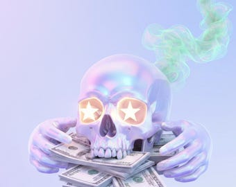 Puede incluir: Una calavera holográfica con ojos en forma de estrella y manos agarrando montones de billetes de cien dólares. Volutas de humo verde emanan de la cabeza de la calavera, sobre un fondo azul degradado. La imagen tiene una estética surrealista y artística.