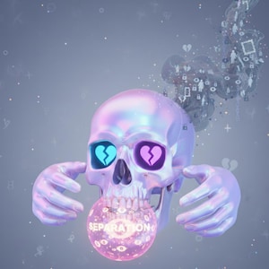 May include: Digital artwork of a holographic skull with blue and purple broken heart eyes. The skull holds a glowing orb with the word "SEPARATION" and is surrounded by floating symbols, conveying a theme of loss and separation.