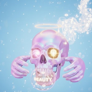 Op de afbeelding: Een digitaal kunstwerk met een holografische schedel met een halo. De schedel heeft galaxy-achtige ogen en houdt een bel met het woord "BEAUTY" erin vast. De achtergrond is lichtblauw met zwevende symbolen.