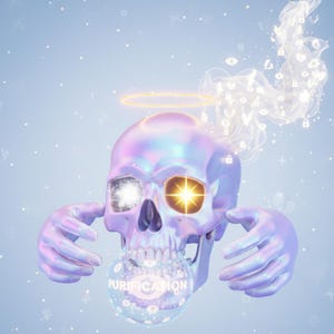 May include: A holographic skull with a halo and hands, holding a glowing orb with the word "PURIFICATION". The skull's eye sockets emit light, and a stream of symbols floats above it against a light blue background.