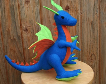 FULL SIZE Earth Dragon Fantasy Plush ~ Dark Blue, Orange, and Lime Green Handcrafted Stuffed Animal Toy, Boys Birthday Gift, Dragon Plush