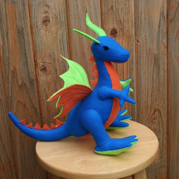 FULL SIZE Earth Dragon Fantasy Plush ~ Dark Blue, Orange, and Lime Green Handcrafted Stuffed Animal Toy, Boys Birthday Gift, Dragon Plush