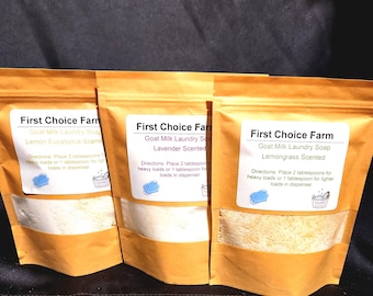 May include: Three pouches of First Choice Farm Goat Milk Laundry Soap. The pouches are tan with white labels. The labels read "Lemon Eucalyptus Scented", "Lavender Scented", and "Lemongrass Scented". Each pouch contains a white or tan powder.
