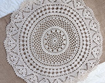 Crochet Vintage Doily – Handmade Table Decor, Beige Lace Doily, Round Table  Centerpiece, Farmhouse Home Decor, 14" Round Doily