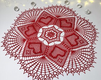 Handmade Red Crochet Doily: Heart Pattern Lace Table Topper (27 inch)