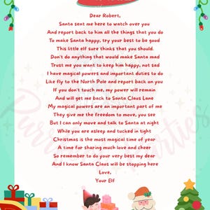 May include: A festive Christmas-themed letter with the text "Santa's coming to town." The letter features illustrations of Santa Claus, an elf, a Christmas tree, and a sleigh filled with gifts. The background is light green.