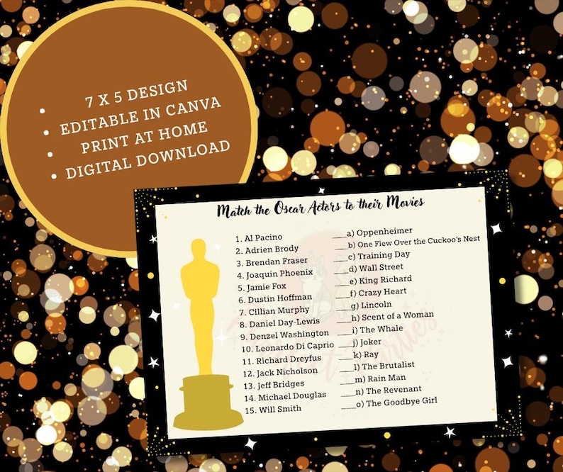 Oscars Trivia Game Printable: Match the Oscar Actors for Awards Night ...