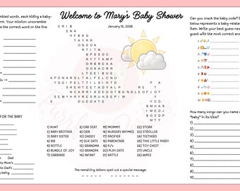 May include: A baby shower game sheet with a pink border. The sheet includes word scrambles, a baby code to crack, and a section for baby predictions. The title "Welcome to Mary's Baby Shower" is at the top.